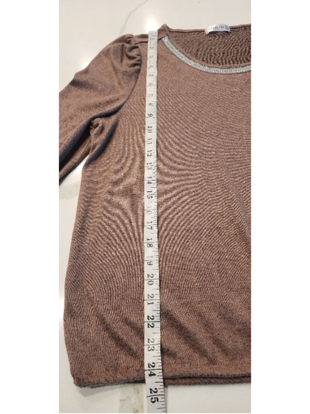 Retrology Brown Rhinestone Embellished Top XL 3/4 Ruched Sleeve Drawstring Hem - Picture 8 of 11